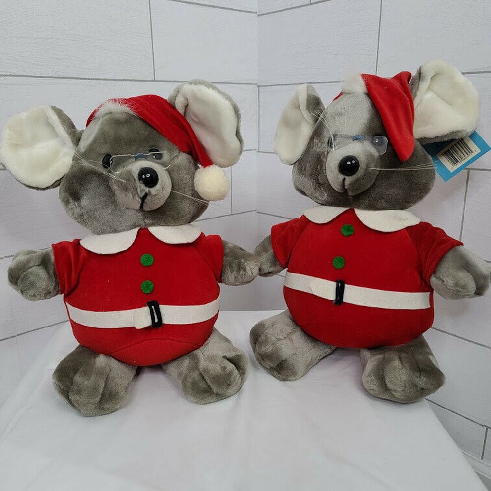 Dakin 1987 Mouse Christmas Plush 15" Santa Hat Vintage Raleys Set/2 Lot Gray Red